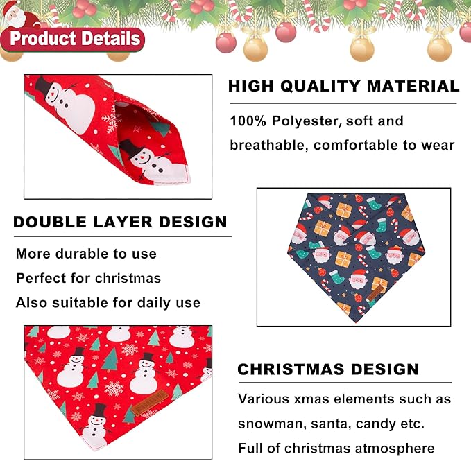 ADOGGYGO Christmas Dog Bandana, Snowman Santa Pet Scarf, Premium Durable Fabric, Adjustable Fit Christmas Bandanas for Medium Large Dogs Pets (Large)