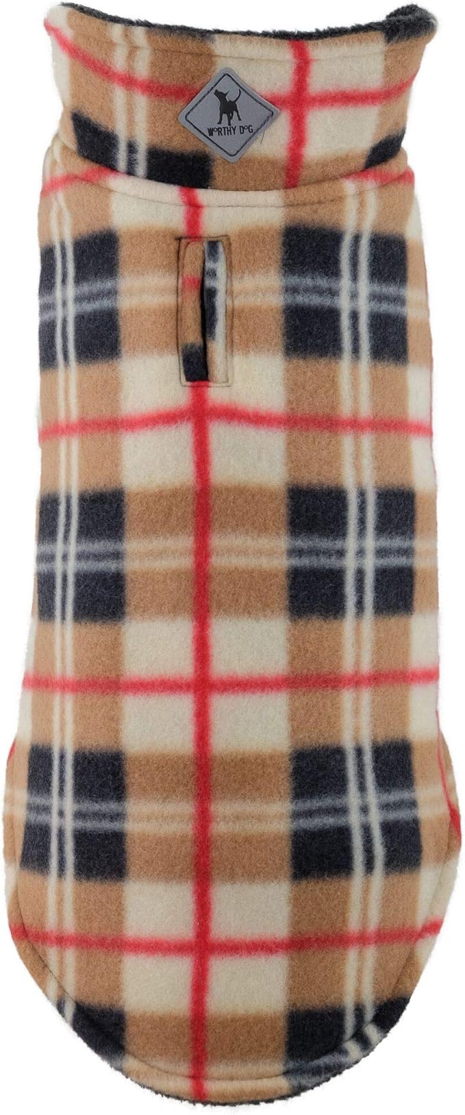 The Worthy Dog Fargo Fleece Plaid Dog Jacket, Adjustable Reversible with Harness Hole, Wind-Resistant, Winter Outdoor Clothes for Pets, Tan - 8''