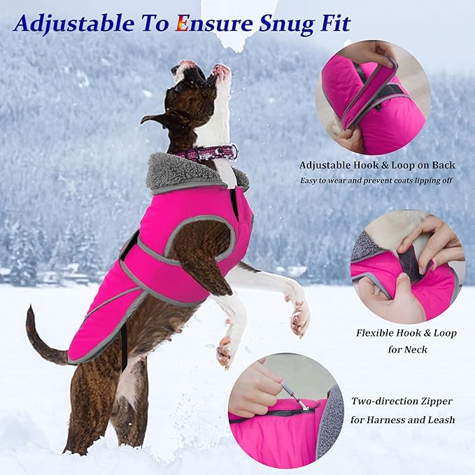 Dogcheer Dog Coat, Waterproof Dog Jacket Reflective Pet Winter Coat with Adjustable Hook & Loop, Christmas Puppy Fleece Jacket Warm Turtleneck Snowsuit for Small Medium Large Dogs - Pink, M