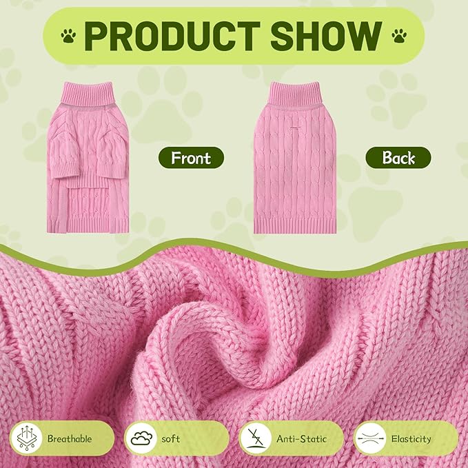 Small Dog Thermal Pullover Sweater, Classic Turtleneck Cable Knitwear Dog Clothes for Cold Weather Warm Pet Clothes for Chihuahua, Bulldog, Dachshund, Pug Pink XX-Large