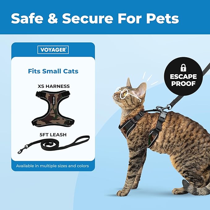Voyager Escape Proof Cat Harness and Leash Set with Reflective Stitching, Neoprene Handle 5ft - Supports Small, Medium and Large Cats, Kittens for Walking by Best Pet Supplies - Army, XS