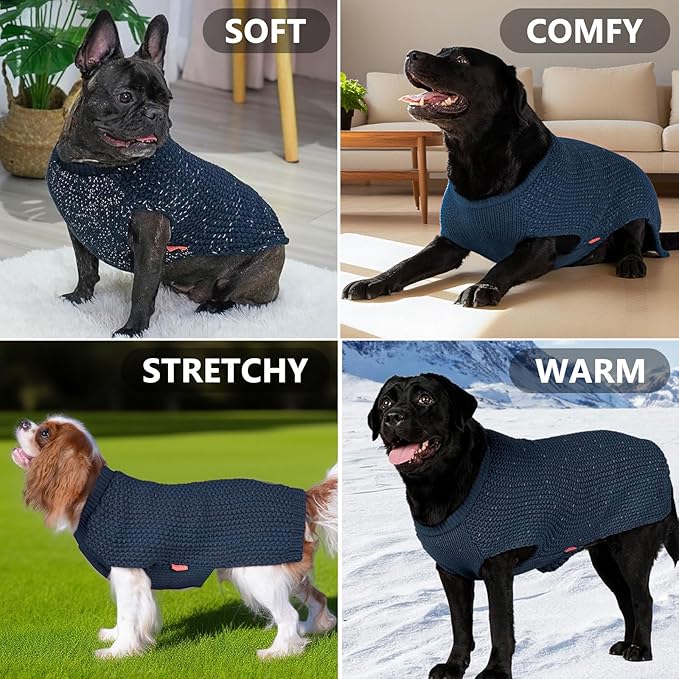 KYEESE Dog Sweater with Leash Hole for Small Dogs Male Warm Pullover with Reflective Yarn Soft Knit Pullover Boy Dog Coats Cozy Lightweight Thick Sweater Pet Indoor Outdoor Wear,Navy Blue,Small