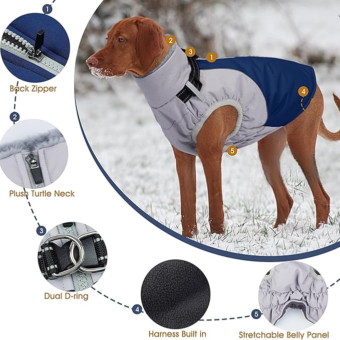 Dog Coat for Large Dogs,XXXL Waterproof Dog Jacket with Collar Built in,Reflective Winter Jacket with Fleece Lined Warm Cold Weather Coats for Extra Large Dogs,Pet Snow Jacket Suit,Blue,3XL