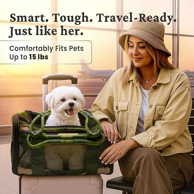 | TSA Airline Approved |Soft Sided Pet Carrier | Cat Carrier | Dog Carrier| Pets Up to 15 lbs | Leash & Luggage Strap | Camo Green Handle