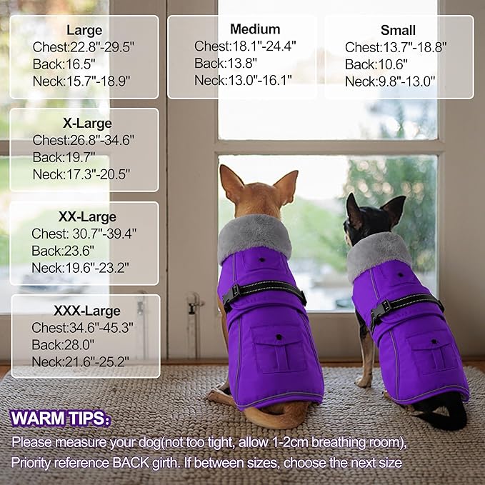Dogcheer Dog Coat with Pocket, Waterproof Dog Jacket with Adjustable Buckle, Reflective Puppy Winter Coat Warm Turtleneck Fleece SnowJacket for Small Medium Large Dogs - Purple 3XL