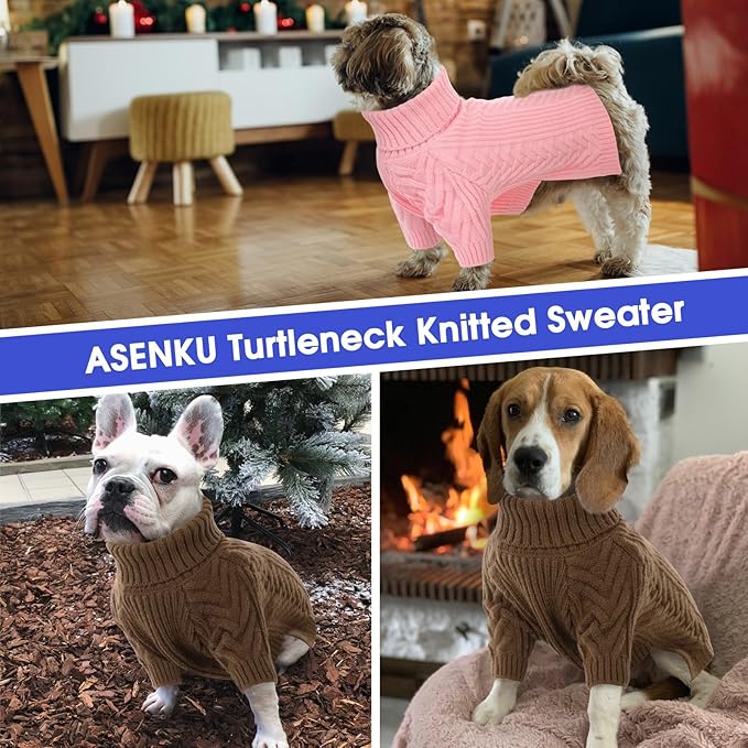 ASENKU Dog Sweater, Dog Sweaters for Medium Dogs, Warm Pullover Doggie KnitTurtleneck Warm Clothes for French Bulldog, Boston Terrier（Coffee, L）