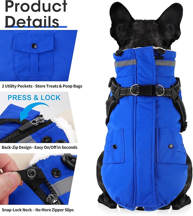 Dogcheer Dog Coat with Harness, Waterproof Warm Dog Winter Jacket with Pockets, Reflective Pet Fleece Jacket Turtleneck Snowsuit for Small Medium Large Dogs - Blue, S