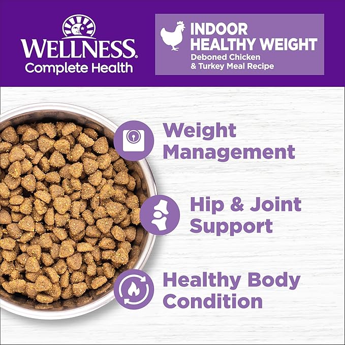 Wellness Complete Health Adult Dry Cat Food for Indoor Cats, Grain Free, Natural, Healthy Weight Chicken & Turkey Meal (5.5 Pound Bag)