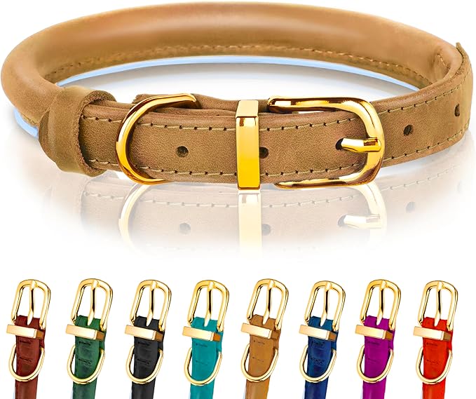OOPSDOGGY Reflective Rolled Leather Dog Collar Adjustable Soft Padded Pet Collar for Small Medium Large Breed Dogs (Camel, L, 14"-18")