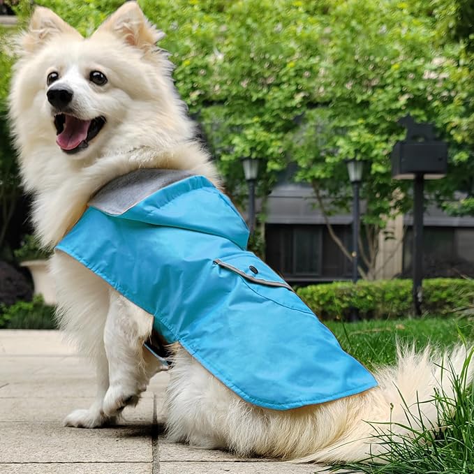 Dog Raincoat Dogs Rain Jacket Reflective Warm Lined Poncho Rainwear Waterproof Pet Clothes Pocket Hooded Leash Hole Adjustable Small Medium Dogs,Blue,XL,Back Length 14.0 Inch