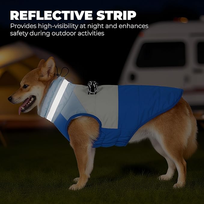 Dog Coat, Waterproof Dog Winter Coats for Small Dogs, Reflective Dogs Jacket with Harness Built in, Zip-up Cold Weather Coats Pet Vest Turtleneck Doggy Snowsuit, Blue Medium