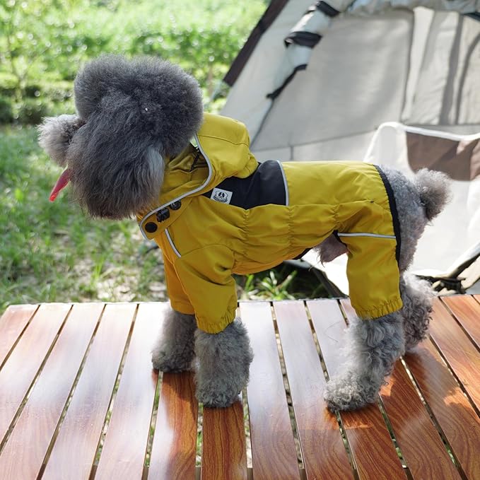LOVELONGLONG Fleece-Lined Dog Raincoat with Removable Hood – Waterproof Winter Full Body Dog Jacket – Windproof Snowproof Cold-Weather Suit – Yellow-F S+