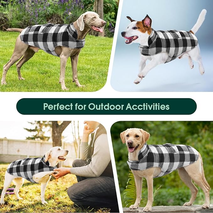 Kuoser Dog Winter Coat, Windproof Dog Fleece Jacket British Style Plaid Cold Weather Doggie Vest Coats, Reversible Cozy Warm Pet Clothes Apparel for Large Size Dogs L