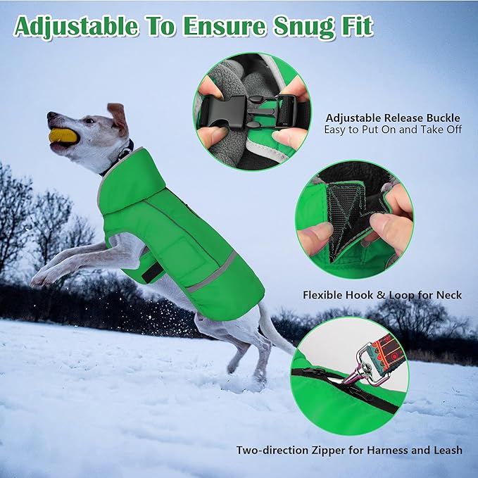 Dogcheer Warm Dog Coat, Waterproof Dog Jacket Christmas Puppy Winter Coat with Buckle, Reflective Adjustable Pet Snow Jacket Turtleneck Fleece Sweater for Small Medium Large Dogs - Green, M