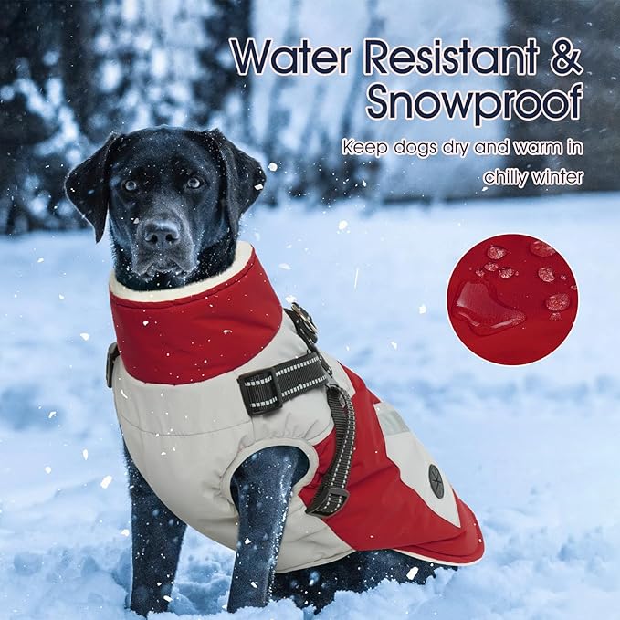 IECOii Dog Coat with Harness Built in - Red, Large - Waterproof Winter Coat, Fleece Lined Snow Jacket for Dogs
