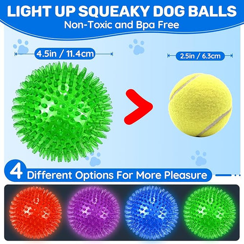 4 Pack 4.5" Light Up Squeaky Dog Balls, Spiky Dog Toy Balls for Medium Large Dogs