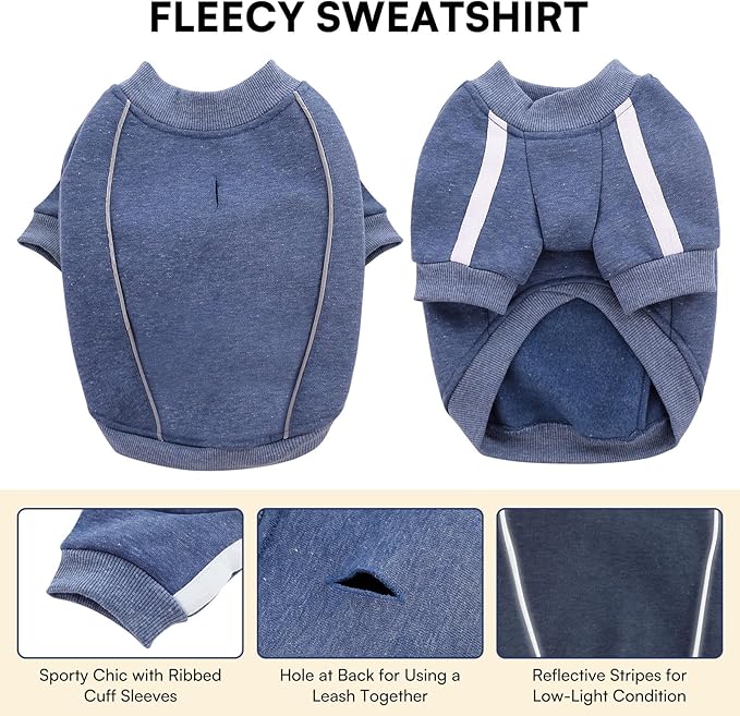Queenmore Fleece Dog Sweater for Male Dogs, Soft Pullover Dog Sweatshirt with Leash Hole/Reflective Stripes – Cozy Winter Fleece Jacket for Small Medium Large Boy Puppy, Blue XL