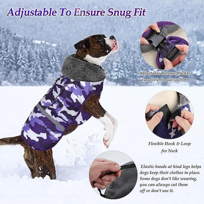 Dogcheer Warm Dog Coat, Waterproof Dog Jacket Christmas Puppy Winter Coat with Buckle, Reflective Adjustable Pet Snow Jacket Turtleneck Fleece Sweater for Small Medium Large Dogs - Camo Purple, L