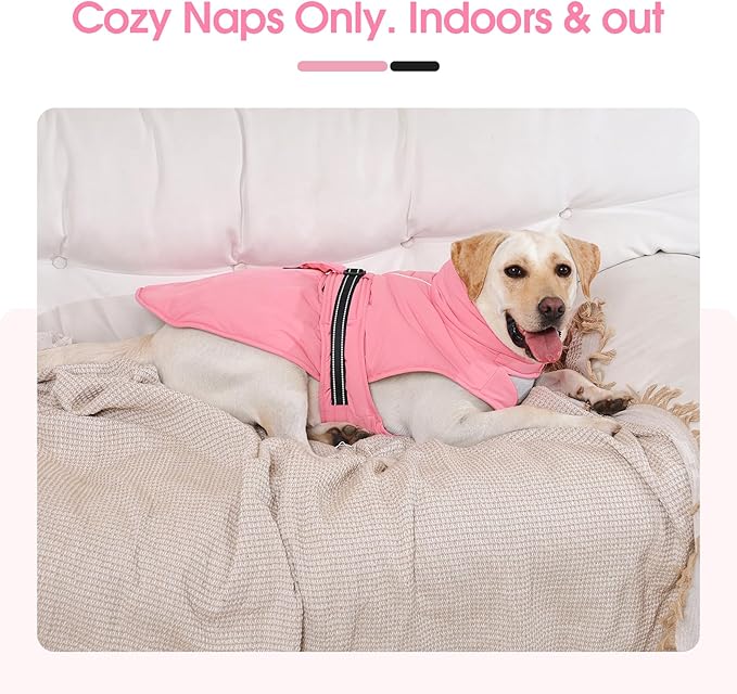 Large Dog Coat, Warm Dog Winter Jacket, Waterproof Dogs Snowsuit with Foldable High Collar, Reflective Strips, Leash Hole, and Adjustable Hook & Loop Closure - Ideal for Cold Weather - Pink L