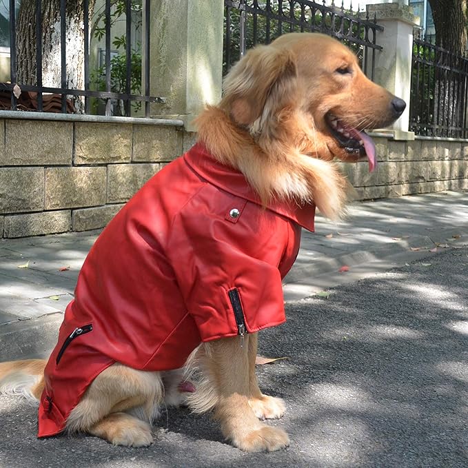 Lovelonglong Cool Dog Leather Jacket, Warm Coats Dogs Windproof Cold Weather Coats for Large Medium Small Dogs, Toy Poodle Clothing Red XS
