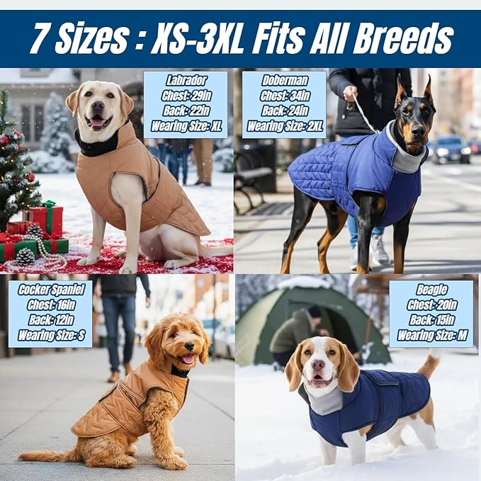 Outdoor Classic Quilted Upgraded Dog Winter Coat, Waterproof & Ultra Warmth Coats for Extra Large Dogs, Easy On & Off Jacket Chest Adjustable, Thick Pet Clothes for Great Dane Doberman(Blue,3XL)