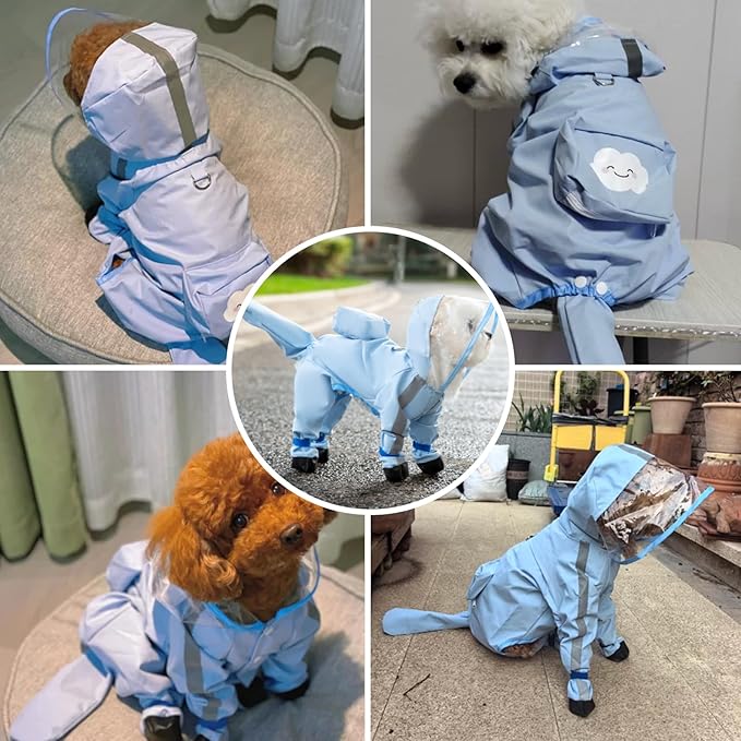 Small Dog Raincoat with Legs, Ideal for Teddy Bears, Waterproof Full Coverage with Mini Backpack, Reflective Hoodie and Detachable Tail (Blue, X-Small(Suggest Weight 1.3-3.3lb))