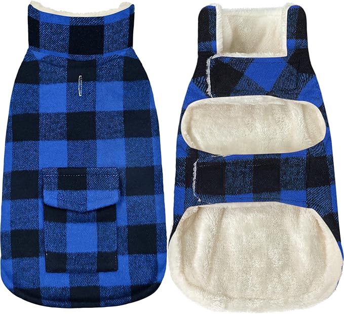 Malier Dog Winter Coat, Classic Plaid Fleece Dog Cold Weather Coats Dog Jacket with Pocket, Windprood Warm Dog Coat Vest Winter Pet Clothes Apparel for Small Medium Large Dogs (Blue, X-Small)