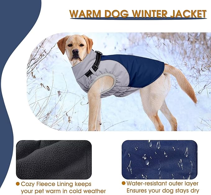 Dog Coats for Large Dogs,Winter Waterproof Jacket with Collar Built in,XXL Dog Coat for Cold Weather Warm Snow Jacket with Thermal Fleece Lining,Reflective Pet Snowsuit Large,Blue,2XL