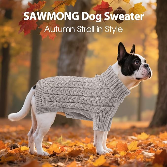 SAWMONG Dog Sweater, Dog Sweaters for Large Dogs Girls Boys, Pullover Turtleneck Knitted Doggy Sweatshirt, Cold Weather Pet Clothes（Grey, Large