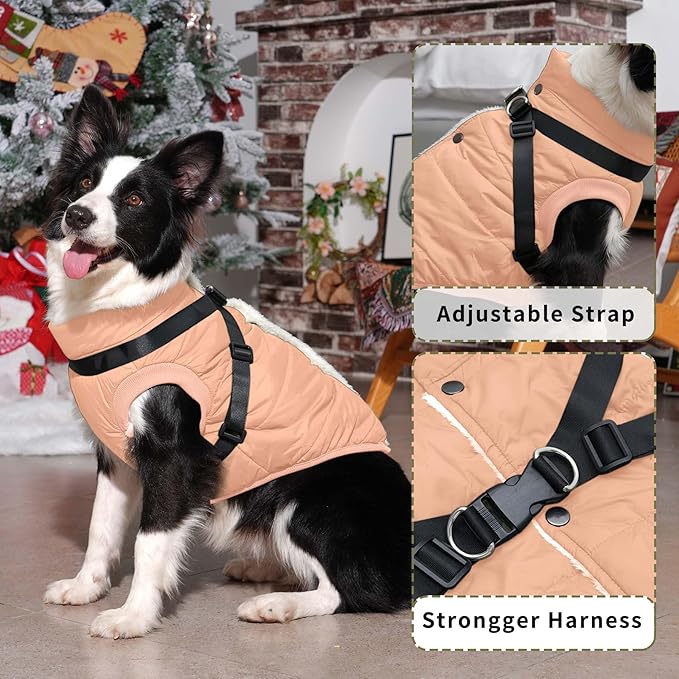 Dog Jacket with Harness,Fleece Lined Warm Puppy Coat for Winter,Soft Windproof Medium Dog Vest,LightOrange XL