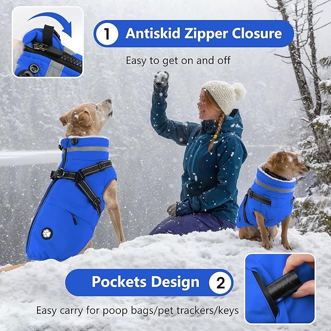 Dogcheer Dog Coat, Waterproof Dog Winter Jacket with Harness, Reflective Adjustable Doggy Cold Weather Coats, Christmas Pet Fleece Snowsuit for Small Medium Large Dogs - Blue, XS