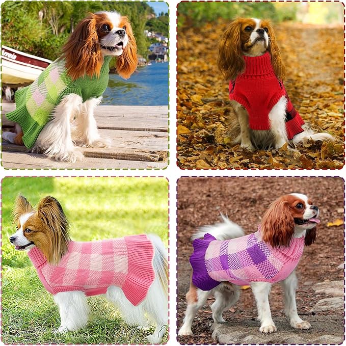 Dog Sweater Dress Plaid Knitwear for Small Medium Dogs Warm Puppy Pet Turtleneck Stretch Pullover Cute Fall Winter Vest Clothes with Leash Hole for Christmas (Green, L)