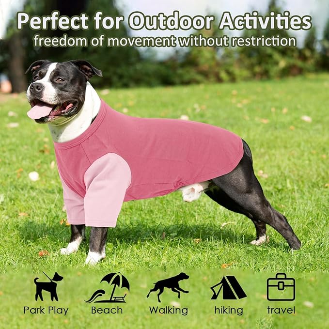 2 Pack Large Dog Shirts for Summer - Stretchy Breathable Cotton Dogs T-Shirt, Protect Skin Easy On and Off Clothes for French Bulldog, Pug, Daily Wear, Sleeping, Camping, Park, Travel, Pink
