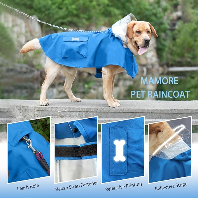 Dog Raincoat Waterproof, Adjustable Reflective Hooded Dog Rain Poncho with Leash Hole for Small Medium Large Dogs (Blue, X-Small)