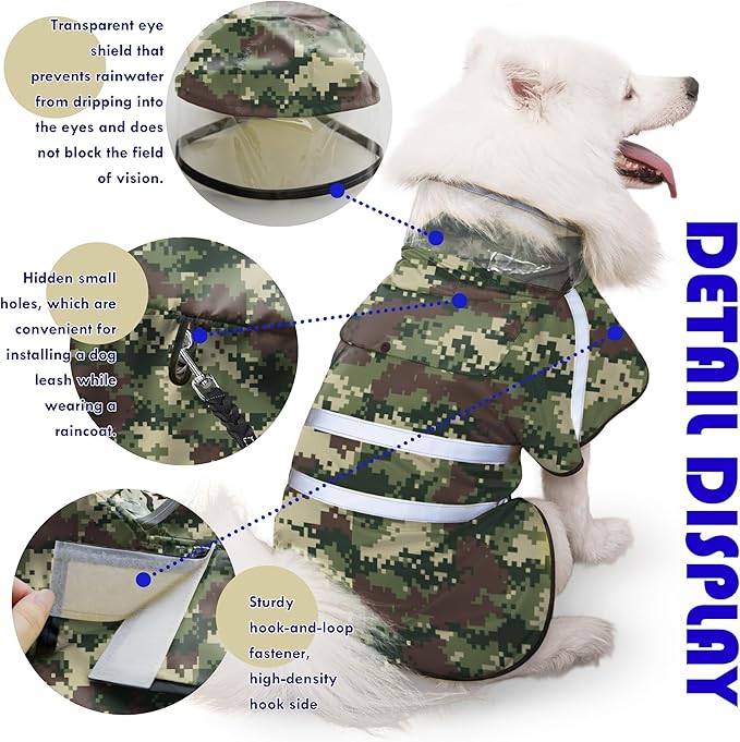 Dog Raincoat, Adjustable Rain Jacket with Hooded Double Layer for Large Medium Small Dogs Puppies, Lightweight Waterproof Rain Coat Poncho with Reflective Stripe Mosaic Camouflage Green,S