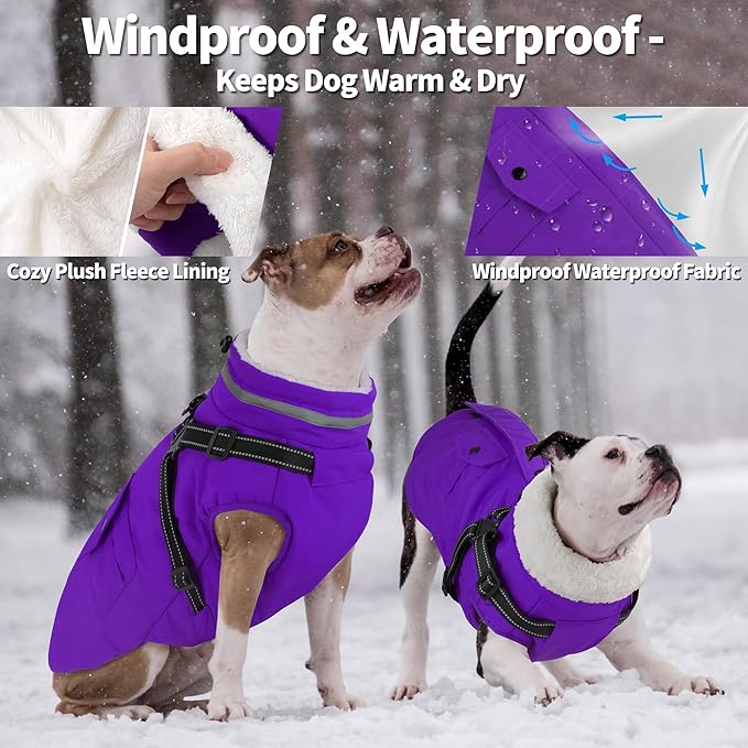 Dogcheer Dog Coat with Harness, Waterproof Warm Dog Winter Jacket with Pockets, Reflective Pet Fleece Jacket Turtleneck Snowsuit for Small Medium Large Dogs - Purple, S