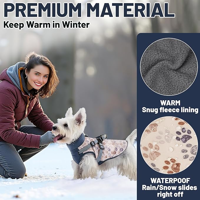 Dog Winter Coat for Small & Medium Dogs (Up to 31lb), Waterproof Dog Coat with Harness, Puppies Windproof Puppy Puffer Jacket, Snowsuit for Dachshund,Frenchie, Corgi (Paw Blue, Medium)