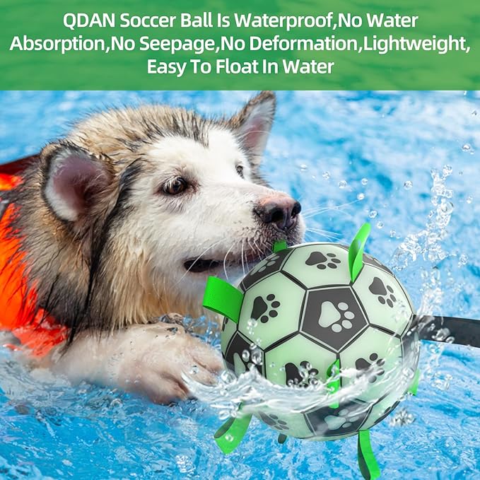 QDAN Dog Ball, Glow in The Dark Dog Toys, Light Up Soccer Ball for Dogs, Outdoor Dog Toys, Doggy Water Toy, Puppy Birthday Gifts for Medium Large (8 Inch)