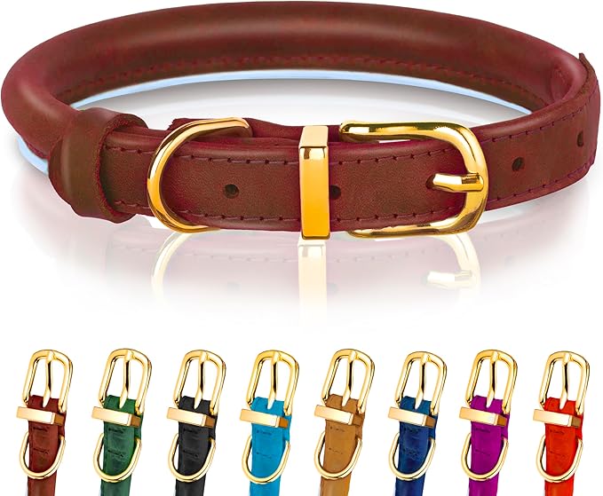 OOPSDOGGY Reflective Rolled Leather Dog Collar Adjustable Soft Padded Pet Collar for Small Medium Large Breed Dogs (Brown, XXS, 7"-9")