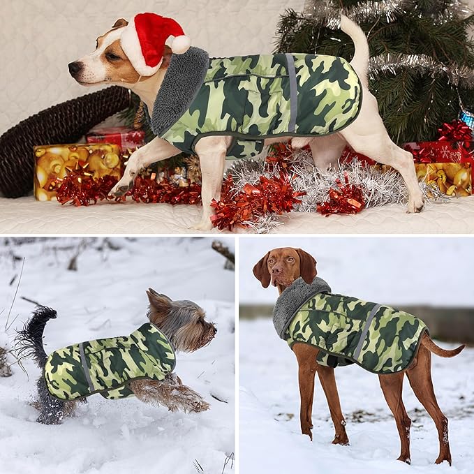 Dogcheer Warm Dog Coat, Waterproof Dog Jacket Reflective Adjustable Puppy Winter Coat with Buckle, Christmas Pet Snow Jacket Turtleneck Fleece Sweater for Small Medium Large Dogs- Camo Green, XL