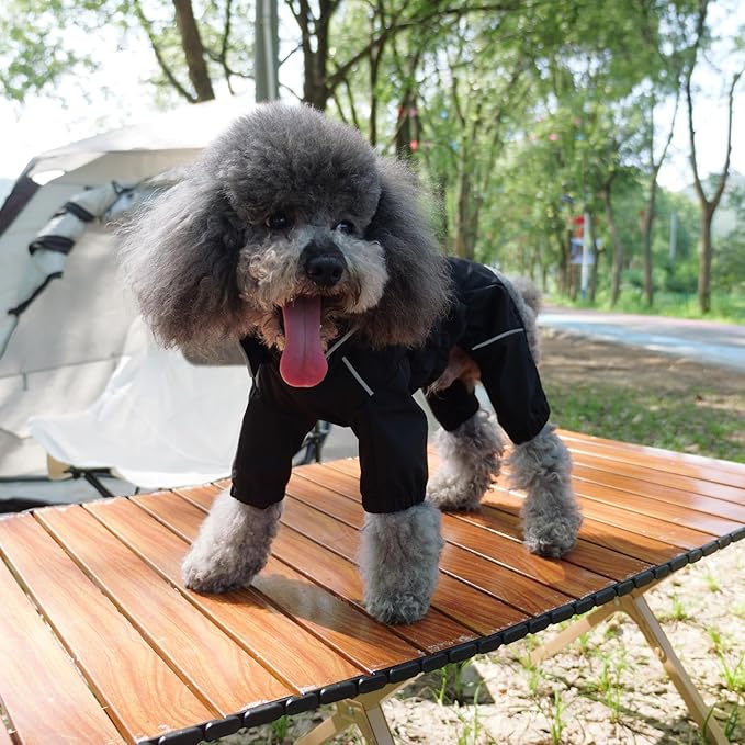 LOVELONGLONG Fleece-Lined Dog Raincoat with Removable Hood – Waterproof Winter Full Body Dog Jacket – Windproof Snowproof Cold-Weather Suit – Black-F L