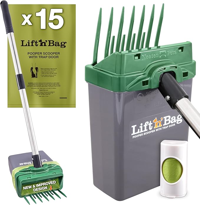 Neater Pet Brands Lift N’ Bag 2.0 Dog Pooper Scooper with Bag Attachment & 27" Pole for Small to Large Dogs, New & Improved Design, 15 Refill Bags, Heavy Duty Dog Poop Scooper for Yard, One-Hand Use