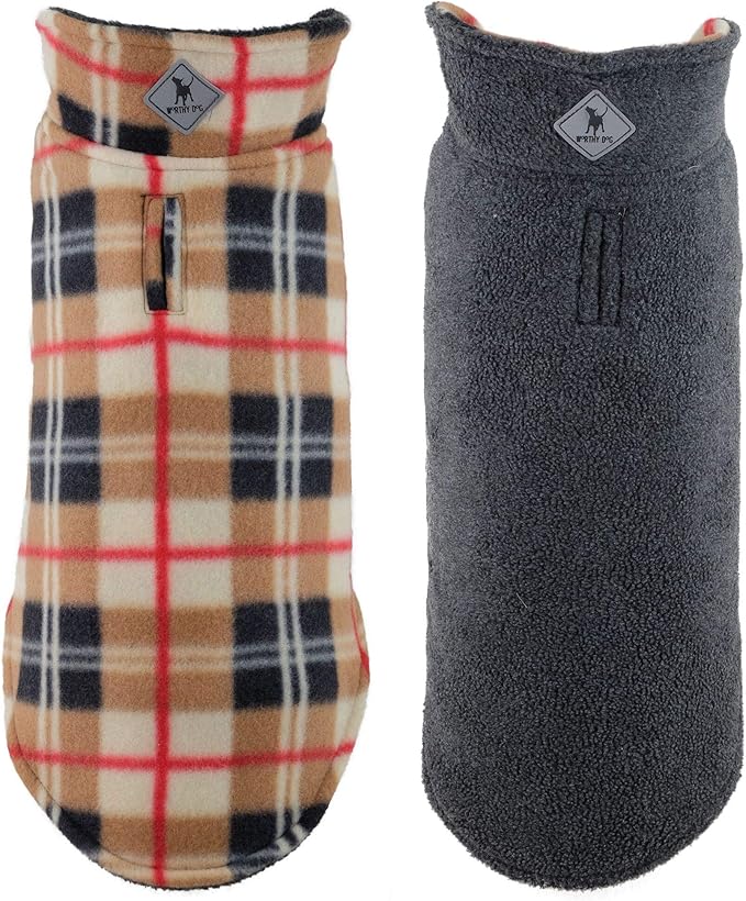 The Worthy Dog Fargo Fleece Plaid Dog Jacket, Adjustable Reversible with Harness Hole, Wind-Resistant, Winter Outdoor Clothes for Pets, Tan - 22''