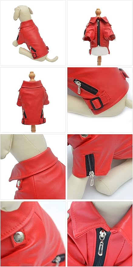 Lovelonglong Cool Dog Leather Jacket, Warm Coats Dogs Windproof Cold Weather Coats for Large Medium Small Dogs, Pomeranian Clothing Red M