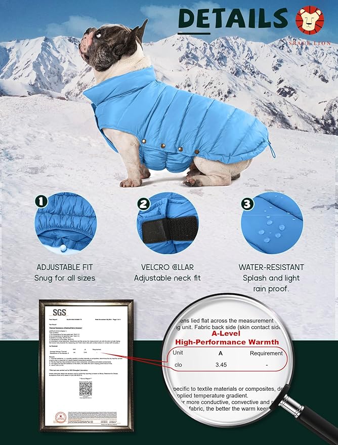 SPACE LION Dog Puffer Jacket, Down Winter Coat, Durable Outdoor Coat for Cold and Windy Conditions, Waterproof, Lightweight Jacket, Adjustable Fit for Small, Medium, Large Dogs(Alaskan Blue,24/2XL)