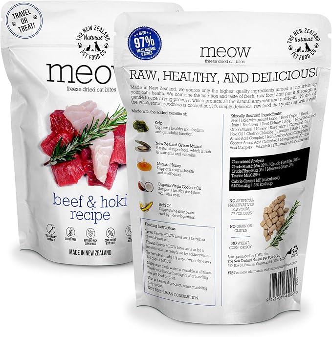 The New Zealand Natural Pet Food Co Meow Freeze Dried Cat Food - Beef & Hoki Recipe, High Protein, Meals & Toppers, Dry Cat Food,1.76 oz