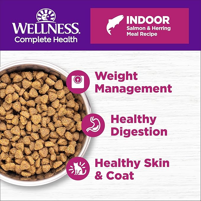Wellness Complete Health Adult Dry Cat Food for Indoor Cats, Grain Free, Natural, Salmon and Herring Meal (5.5 Pound Bag)
