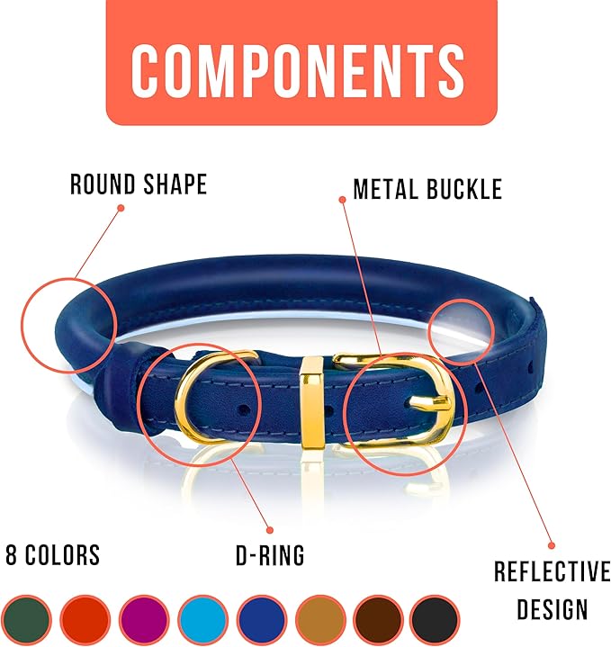OOPSDOGGY Reflective Rolled Leather Dog Collar Adjustable Soft Padded Pet Collar for Small Medium Large Breed Dogs (Blue, XXS, 7"-9")