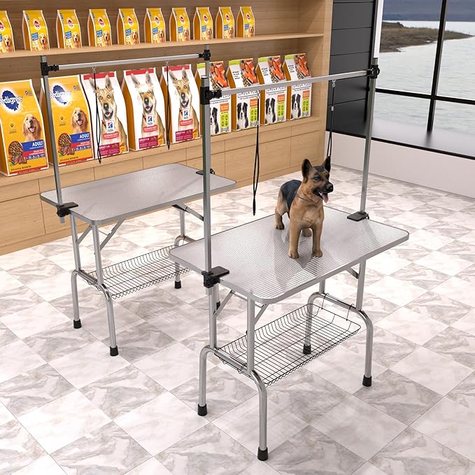 36" Dog Grooming Table Foldable Pet Grooming Tables with Adjustable Arm Noose Storage Mesh Tray Maximum Capacity Up to 330lbs Silver Gray