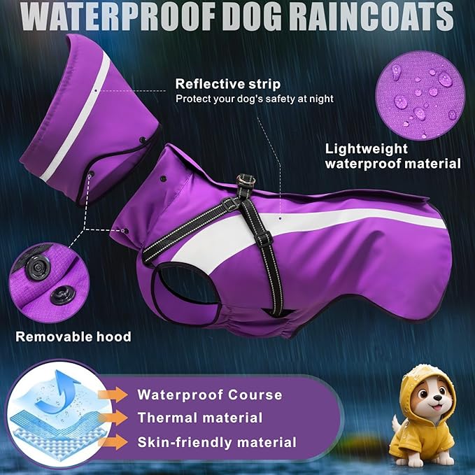 Mosucoirl Dog Raincoat Waterproof Raincoats for Dog Reflective Dogs Rain Jackets with Hood Hoodie Pet Rain Poncho Coat for Small Medium Large Dogs Puppies S-XXL (Purple, L)